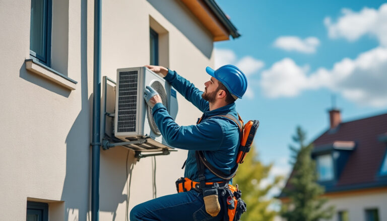 Technicien installant une unité extérieure de climatisation sur une façade d'habitation française moderne