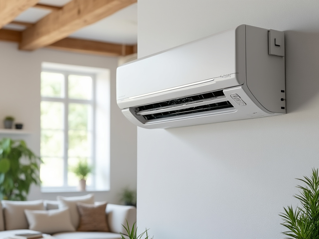Unité intérieure de climatisation dans un salon lumineux d'une maison contemporaine