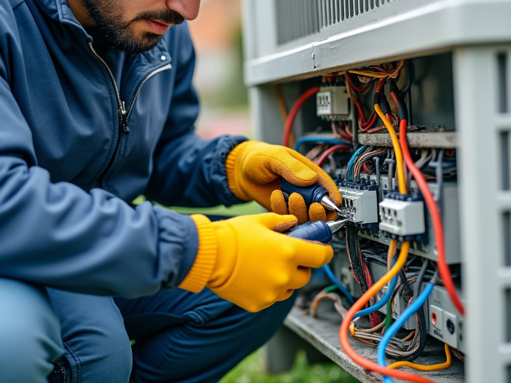 Technicien contrôlant les connexions électriques d'une unité extérieure de climatisation