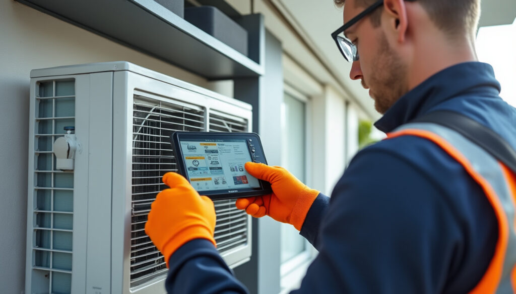 Technicien intervenant sur unité extérieure de climatisation en logement français