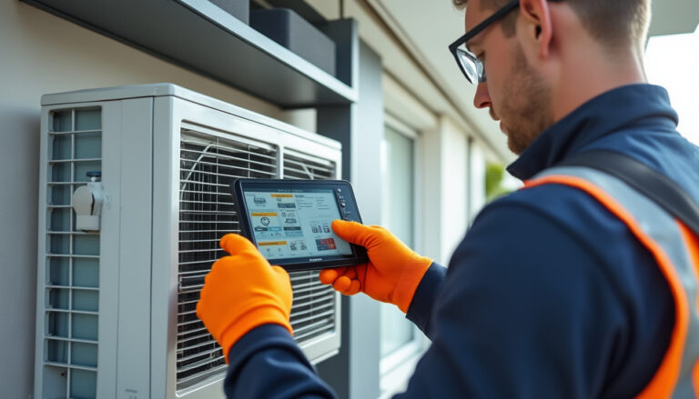 Technicien intervenant sur unité extérieure de climatisation en logement français