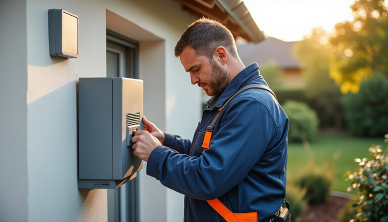 Technicien installant une pompe à chaleur extérieure