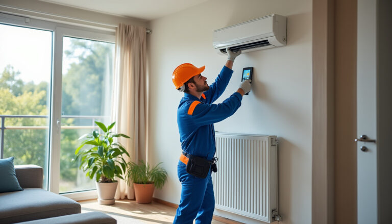 Technicien vérifiant un radiateur électrique dans un salon français