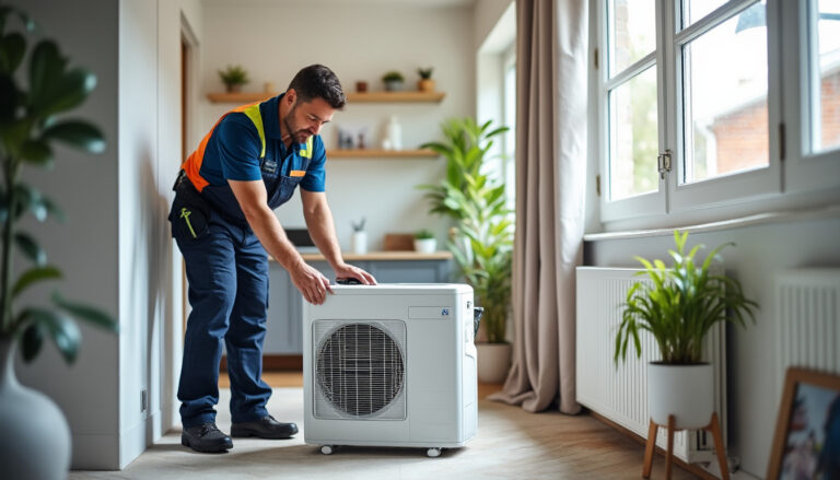 Technicien installant une climatisation portable dans un salon