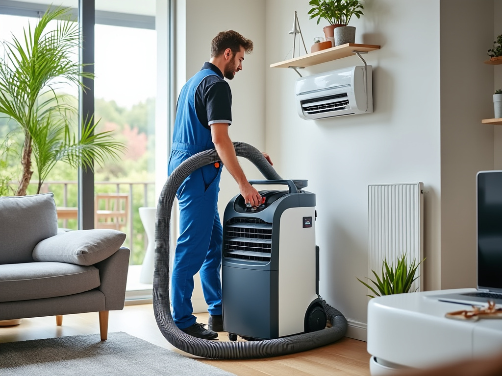 Climatiseur portable connecté à l’extérieur par un tuyau d’évacuation