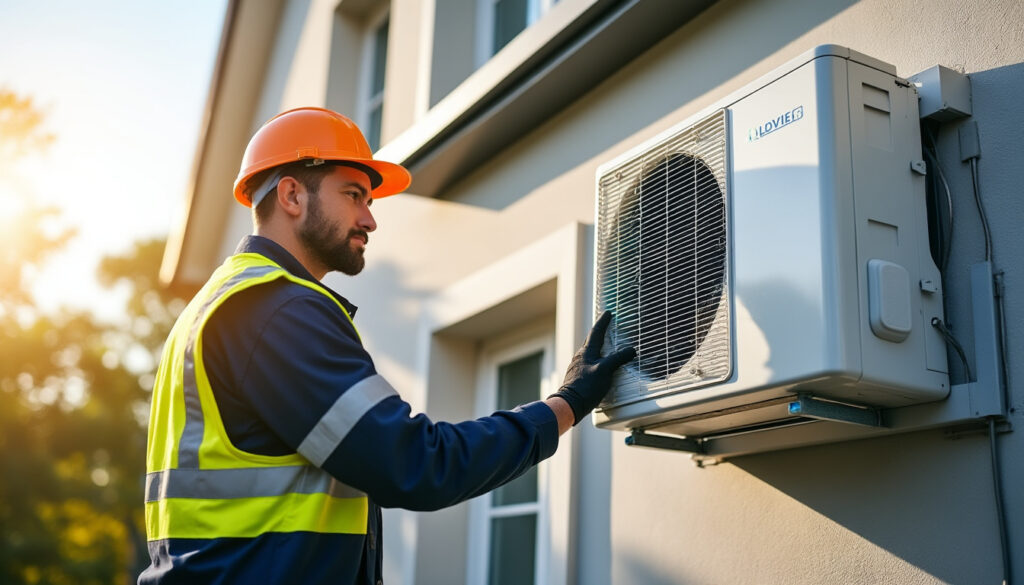 Technicien installant une unité extérieure de climatisation réversible