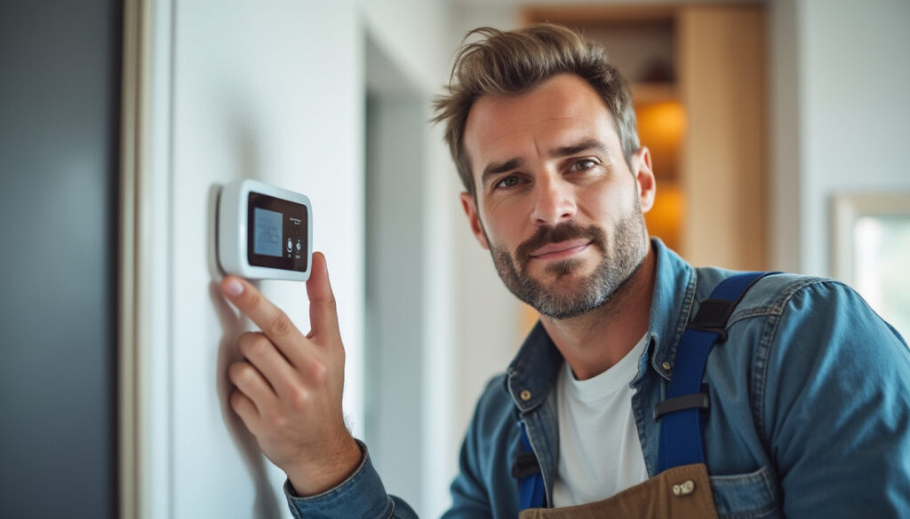 Technicien installant un thermostat dans un salon moderne