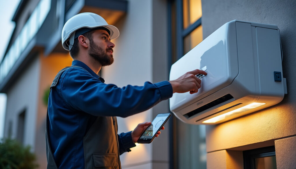 Technicien climaticien vérifiant une unité extérieure de climatisation