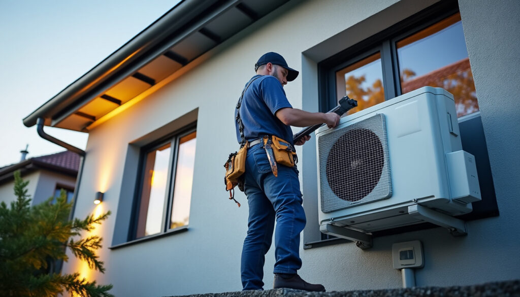 Technicien intervenue sur unité extérieure climatisation réversible