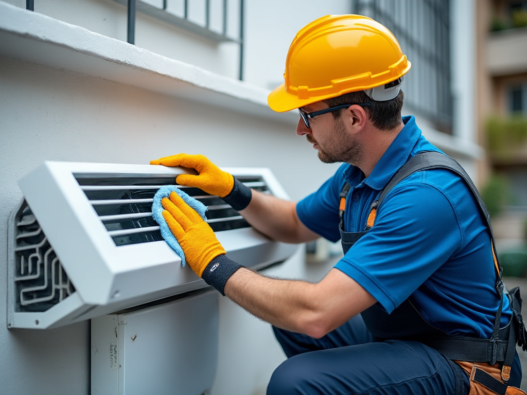 Technicien nettoyant une unité extérieure de climatisation
