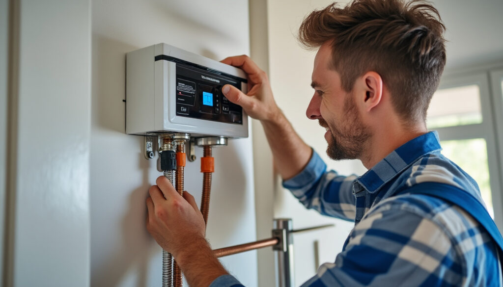 Technicien installant une chaudière dans un logement français