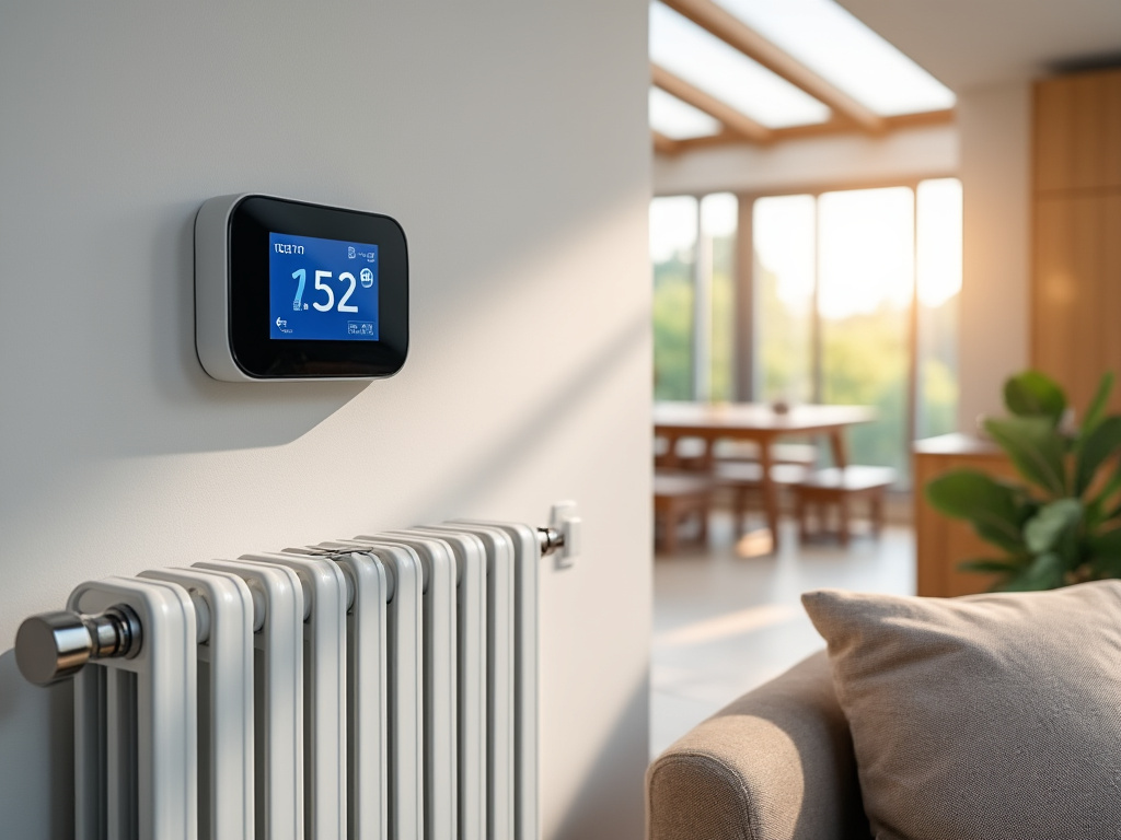 Radiateurs installés dans un salon avec thermostat