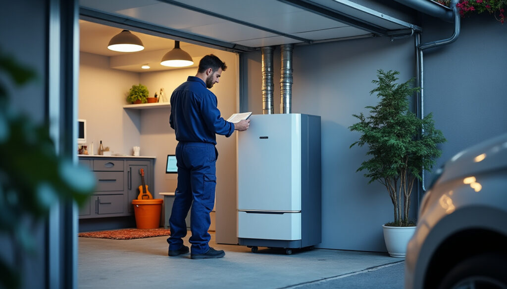 Technicien installant un chauffe-eau thermodynamique dans un garage