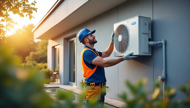 Technicien installant pompe à chaleur extérieure sur maison française