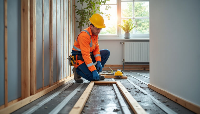 Technicien posant isolation thermique sous toiture dans maison française