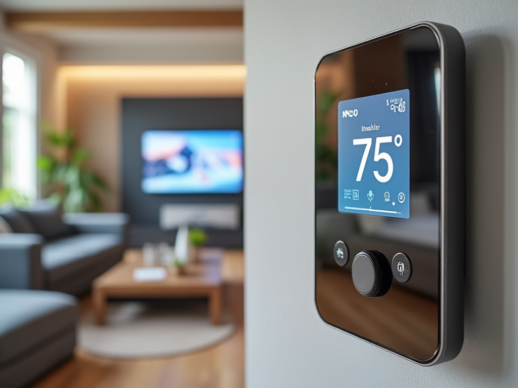 Thermostat numérique montrant la température intérieure dans un salon lumineux