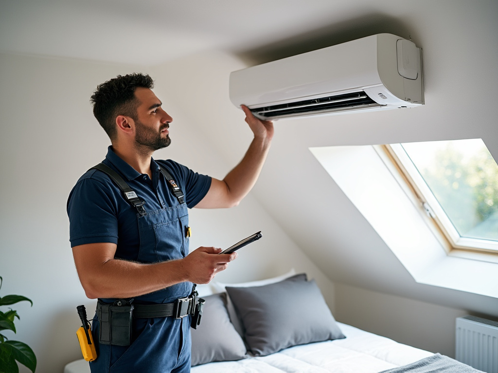 Expert vérifiant une unité intérieure de climatisation dans une chambre sous-combles