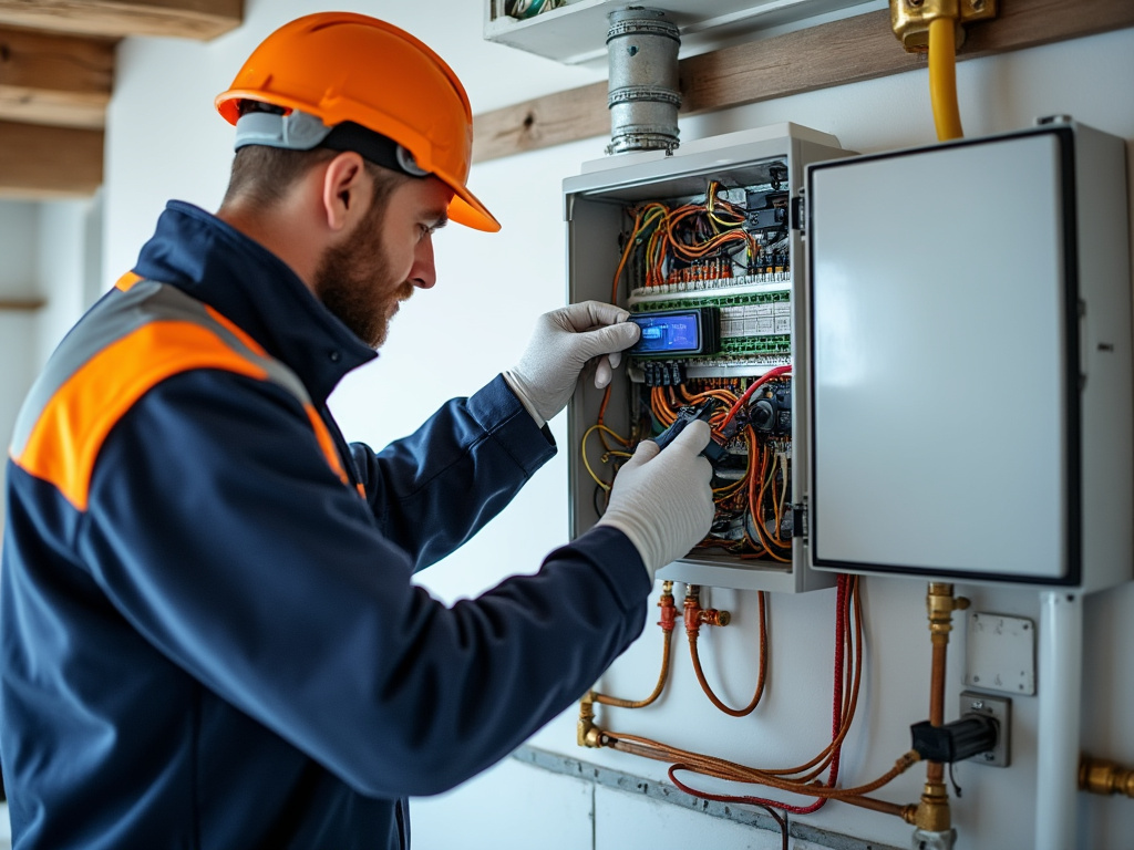 Technicien vérifiant les connexions d'un système de chauffage