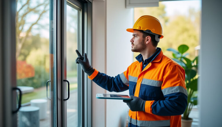 Technicien posant une fenêtre double vitrage