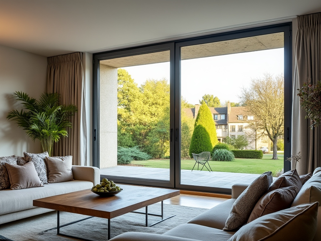 Salon avec fenêtre double vitrage lumineuse