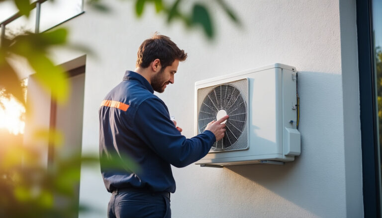 Technicien installant une pompe à chaleur extérieure