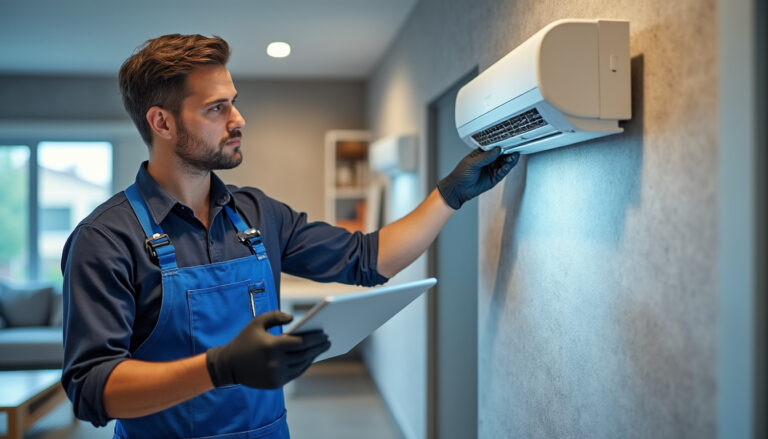 Technicien en entretien de climatisation dans un logement en France