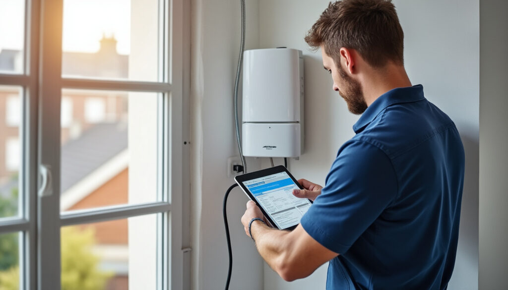 Technicien installant un chauffe-eau électrique dans un logement moderne