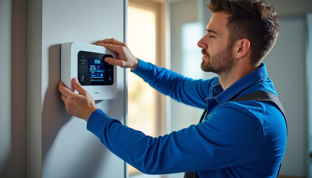 Technicien installant un chauffe-eau électrique dans une salle de bain