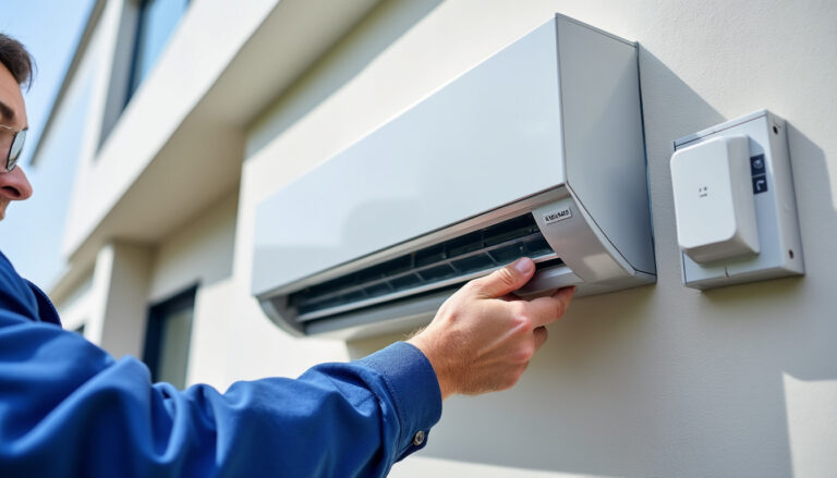 Technicien installant une pompe à chaleur air/eau sur une maison française
