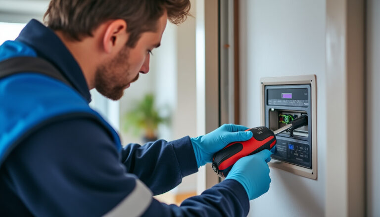 Technicien inspectant un chauffe-eau électrique lors d'une intervention
