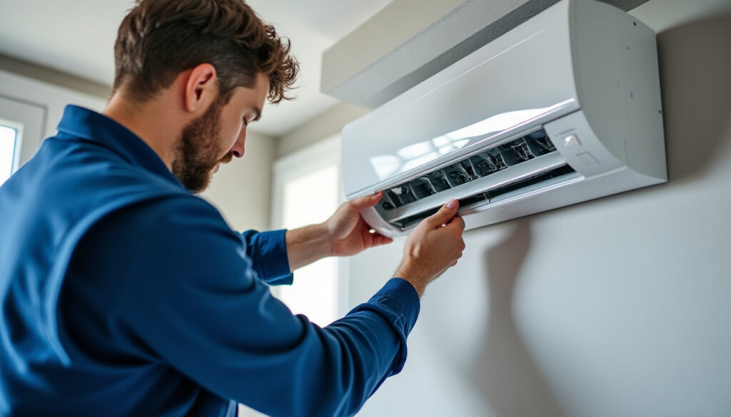 Technicien installant tuyau d’évacuation climatiseur mobile