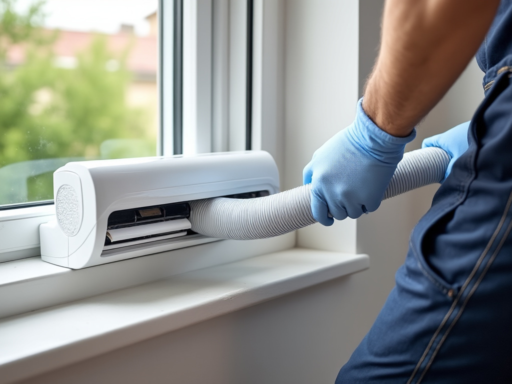 Tuyau d’évacuation climatiseur mobile installé sur une fenêtre