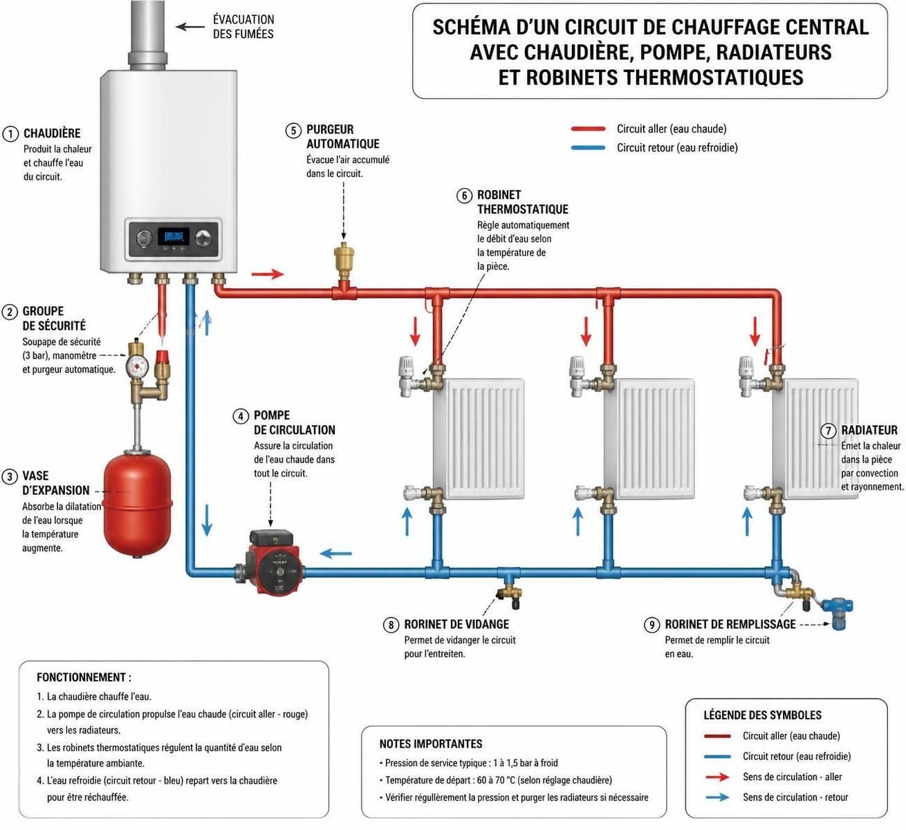 découvrez comment fonctionne un circuit de chauffage central grâce à notre schéma détaillé et suivez son fonctionnement étape par étape pour mieux comprendre et optimiser votre installation.
