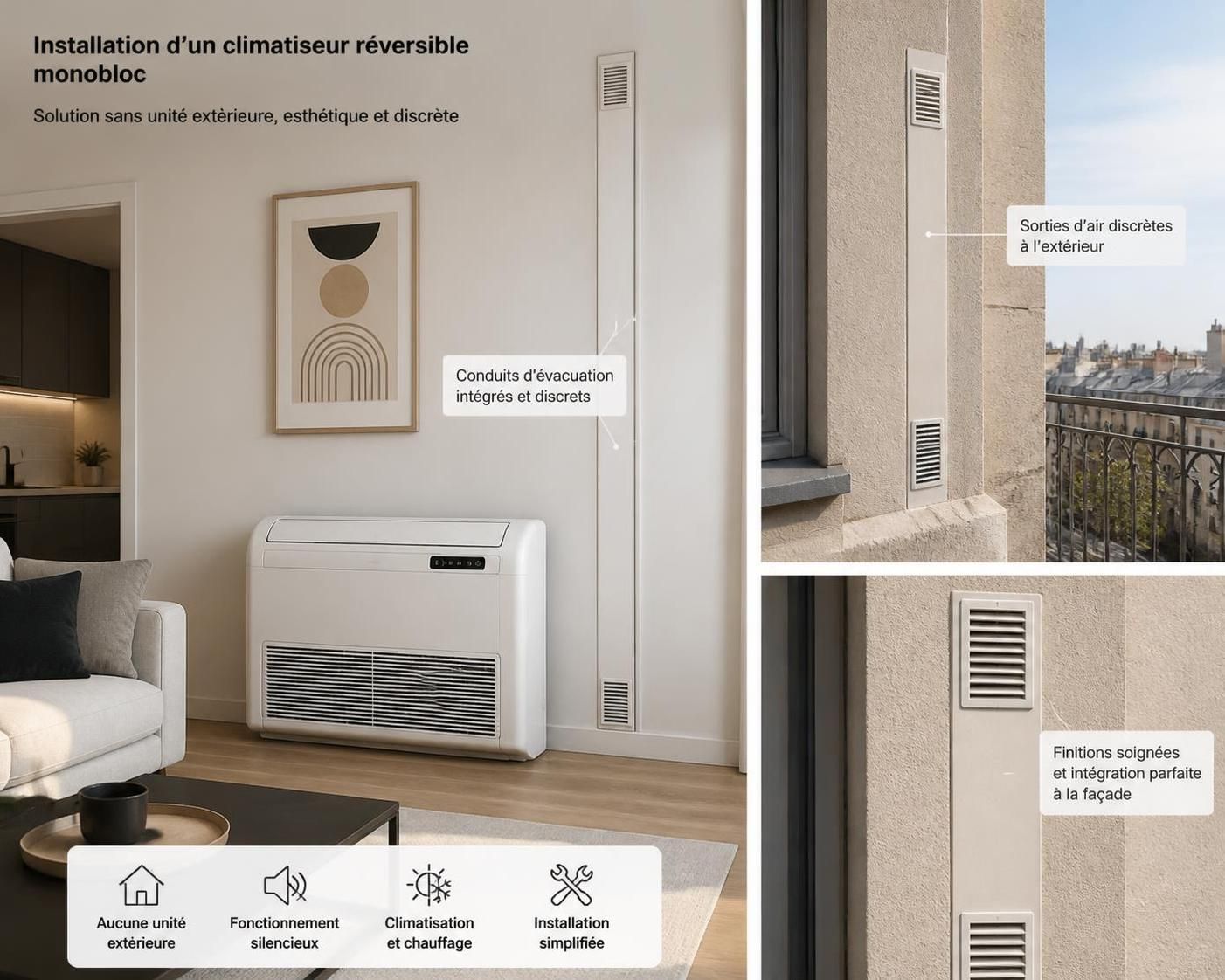 découvrez la climatisation réversible sans groupe extérieur, une solution pratique et économique pour maintenir une température idéale tout au long de l'année, sans compromis sur l'esthétique et le confort.