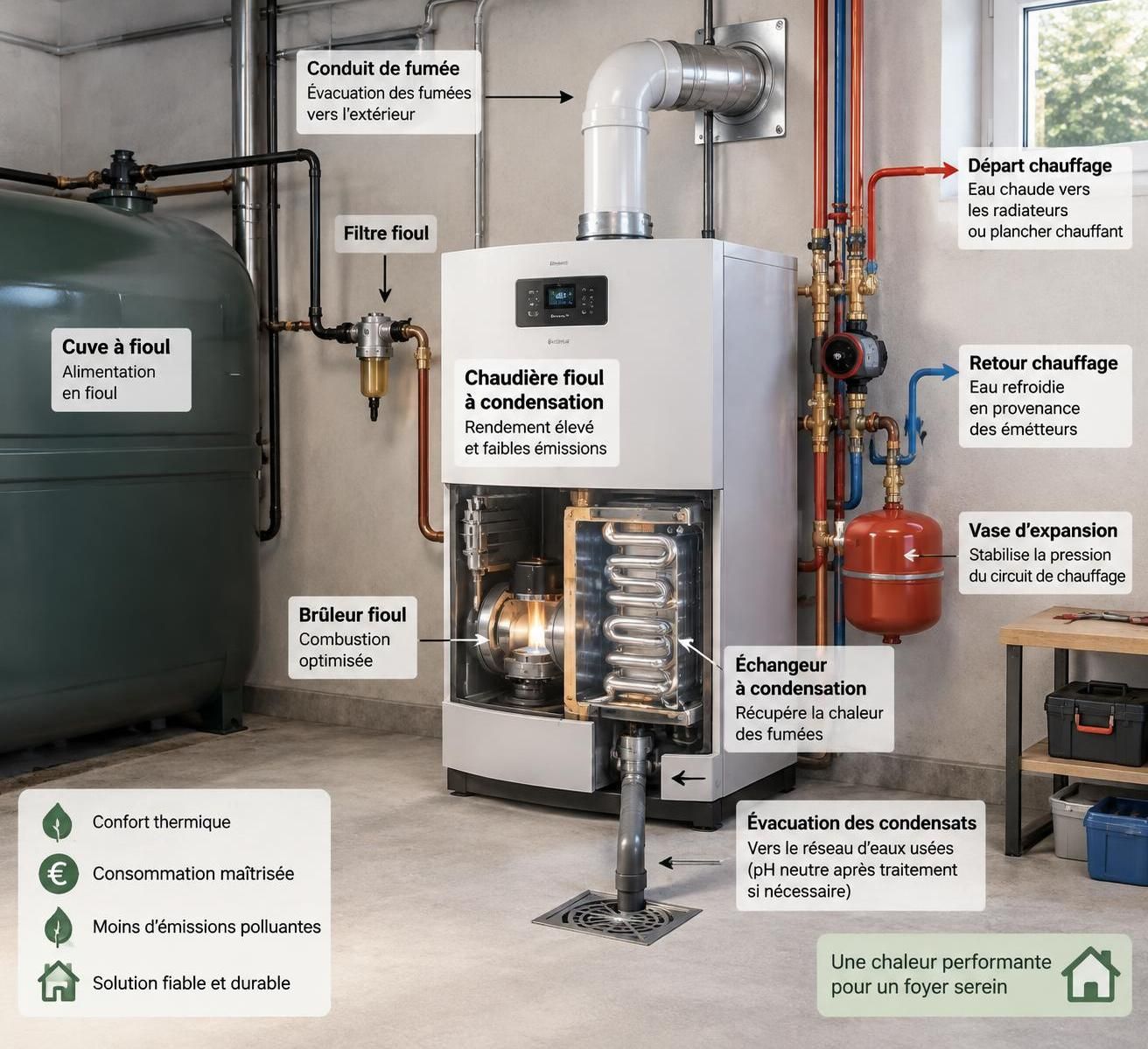 découvrez le fonctionnement d’une chaudière à condensation au fioul, ses avantages en matière de rendement et ses limites, notamment son coût et son impact environnemental.